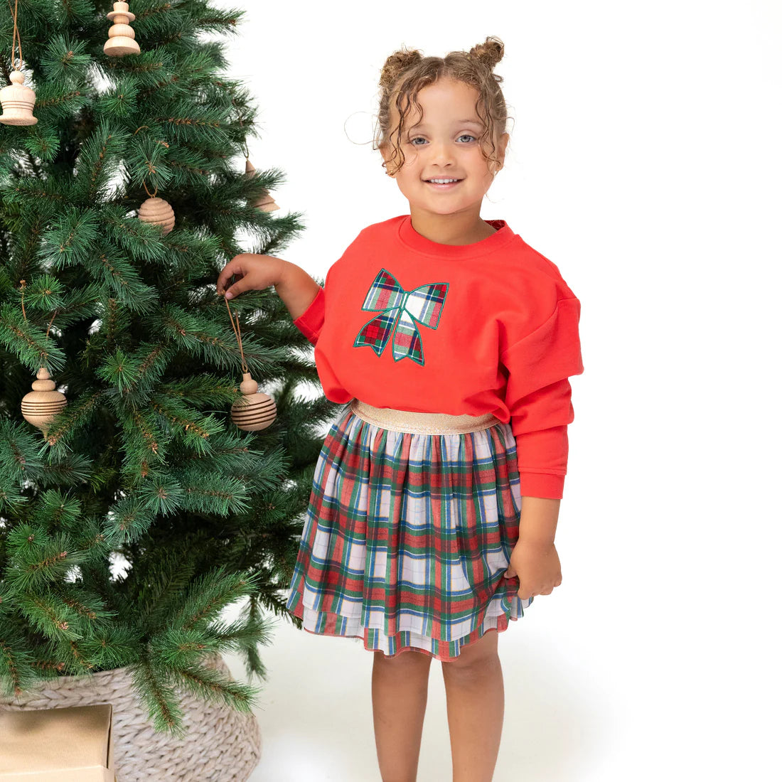 Drop Sleeve Sweatshirt- Holiday Plaid Bow