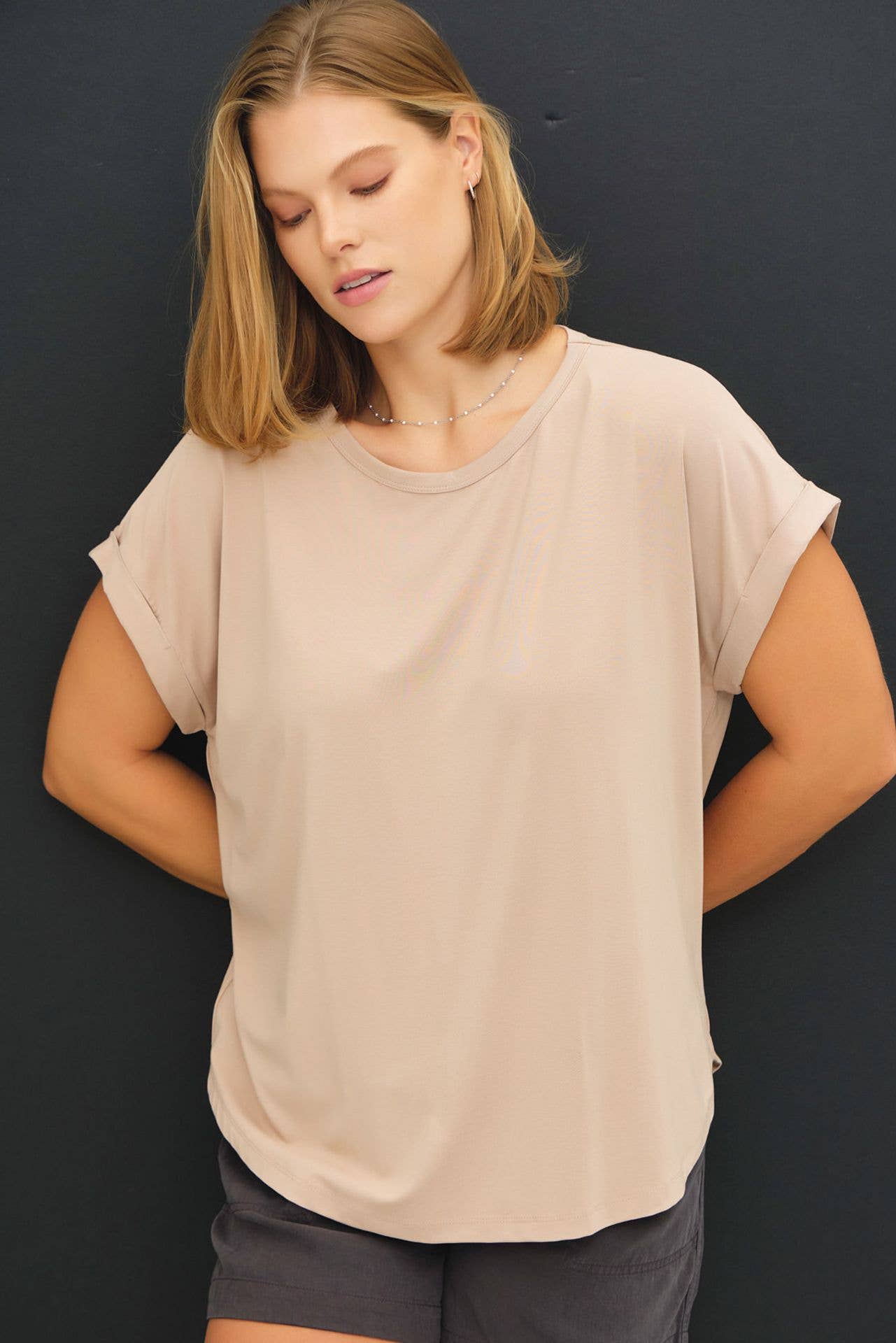 +Bamboo Cap Sleeve Tee: Taupe