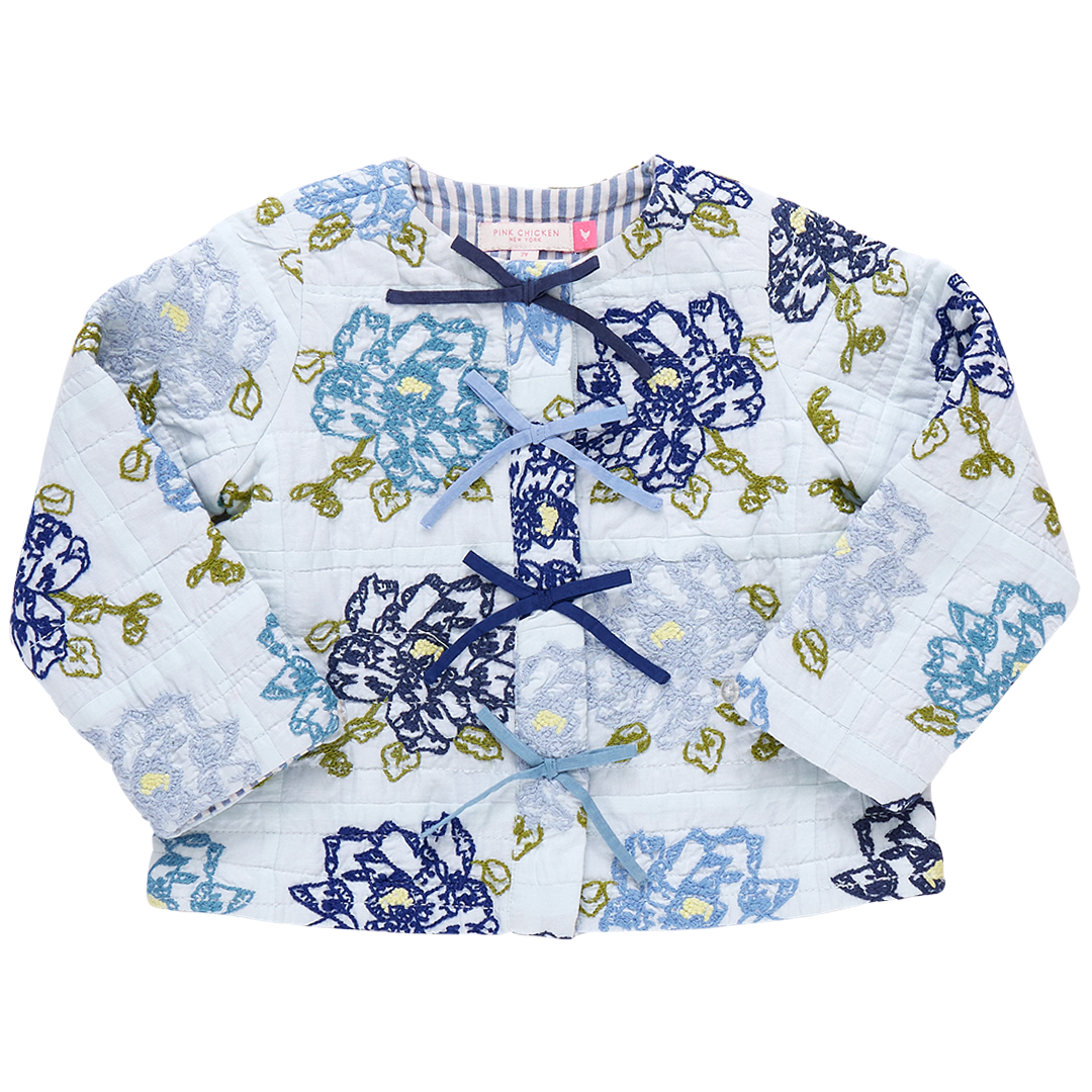 Girls Quilted Jacket- Blue Flower Embroidery