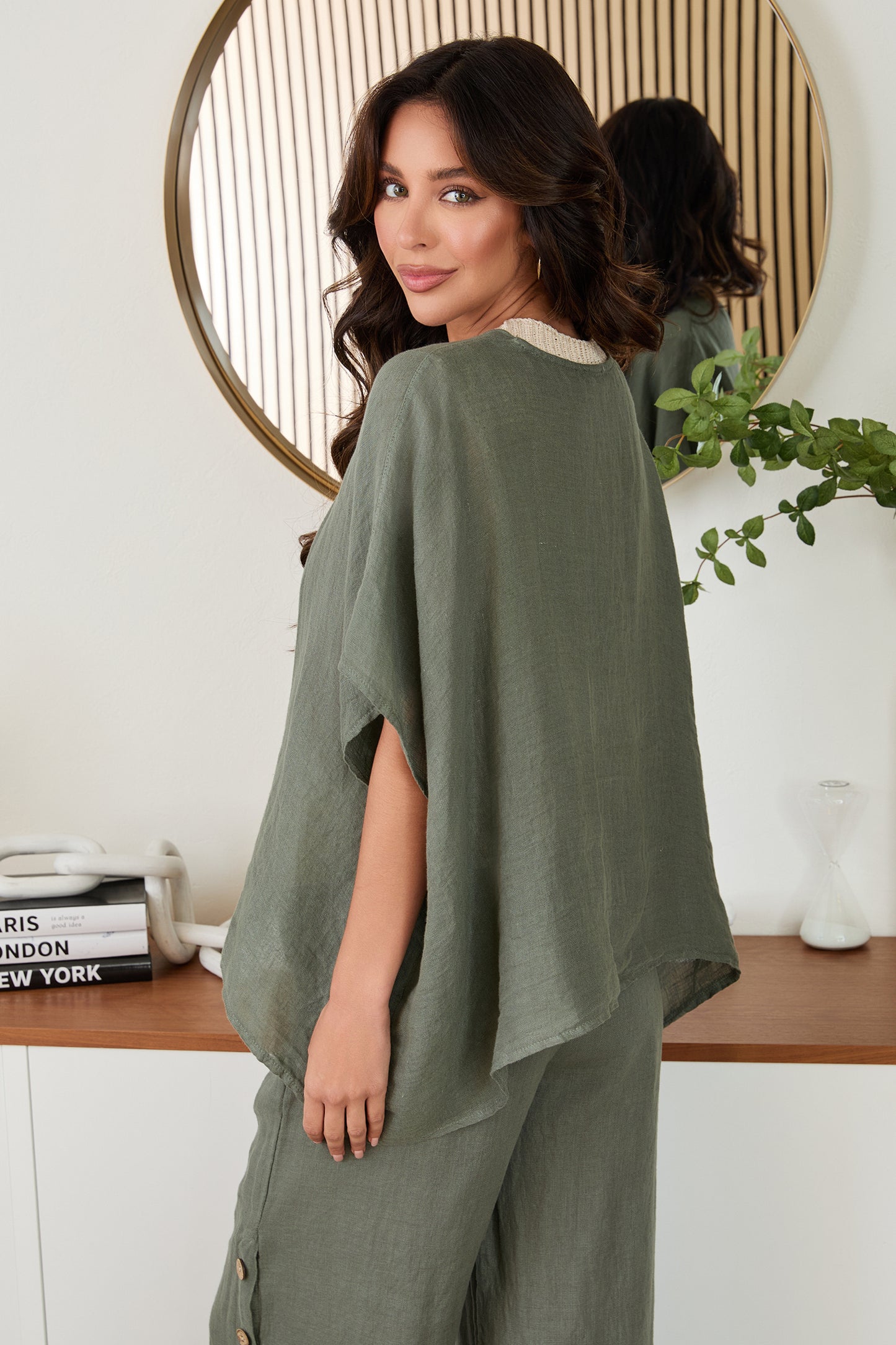 Open Kimono Cardigan Linen Top- Army Green