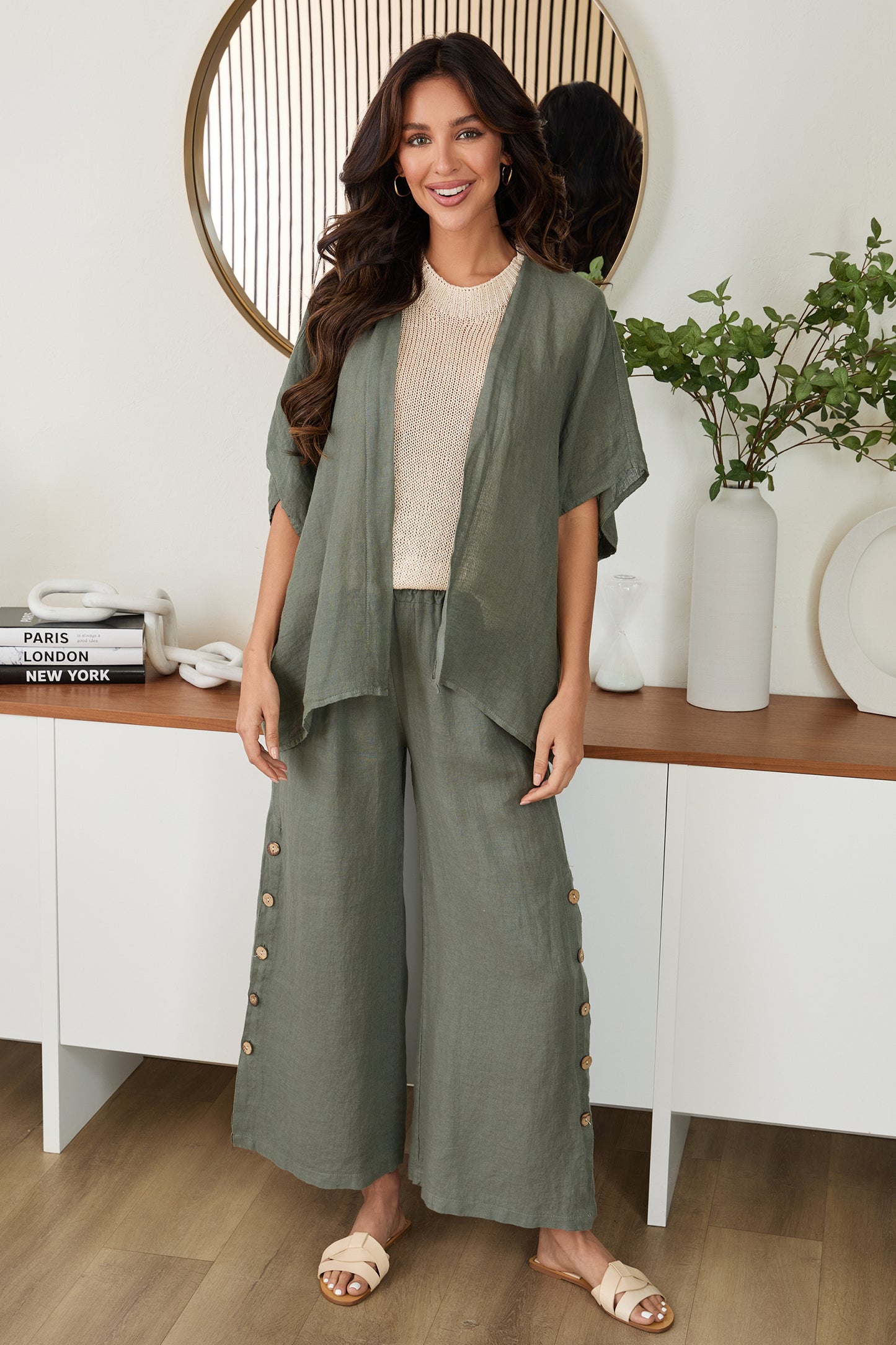 Wide Leg Linen Pants- Army Green