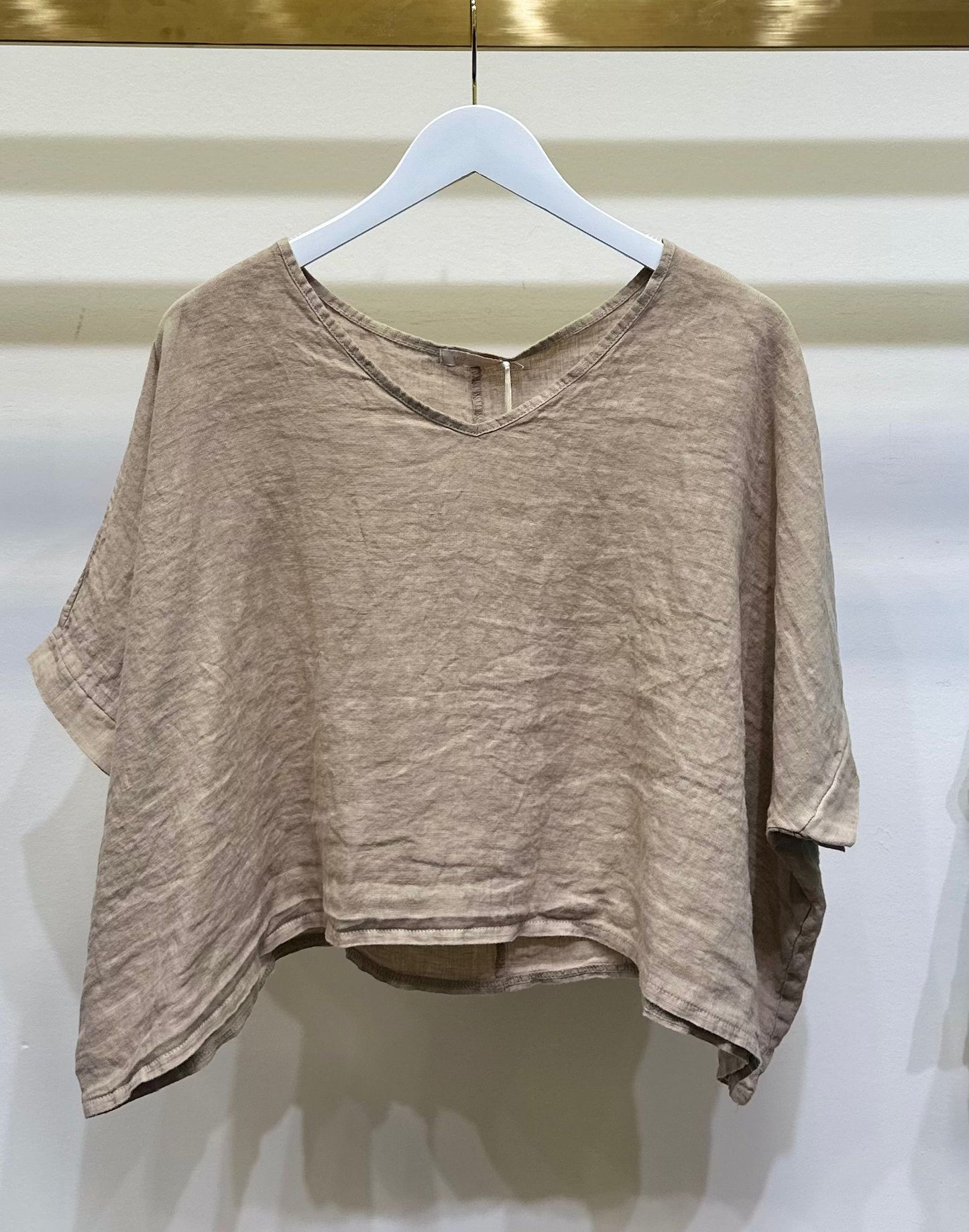 V-Neck Dolman Linen Crop- Earth Beige