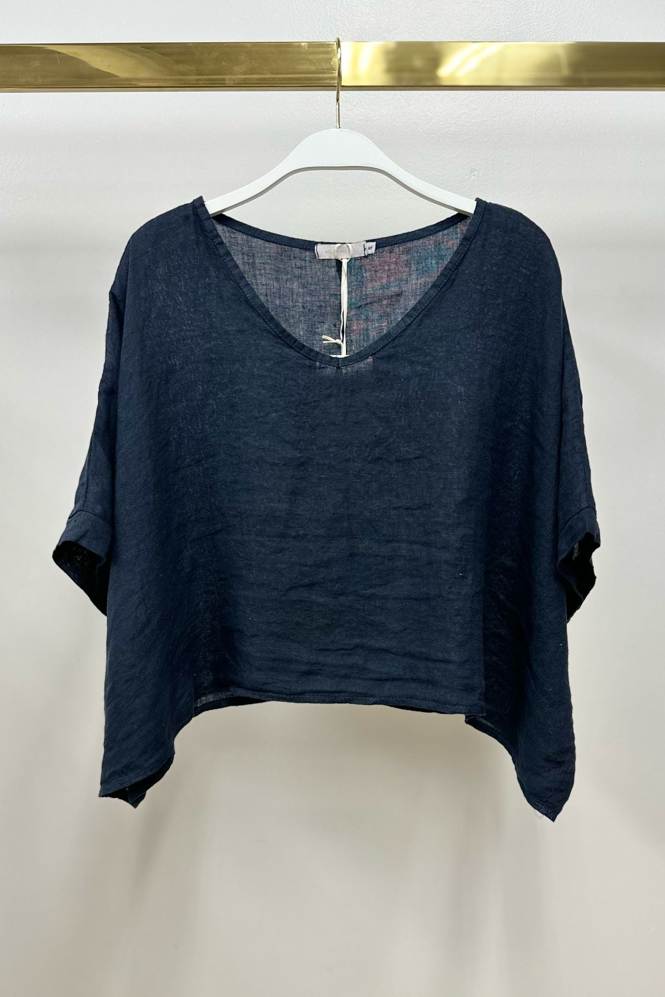 V-Neck Dolman Linen Crop- Navy