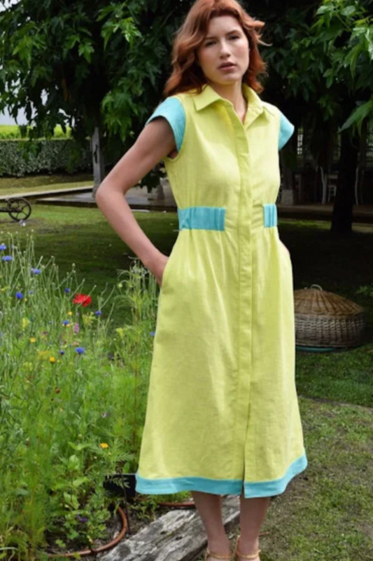 Epaulet Shirt Dress- Lime + Aquamarine