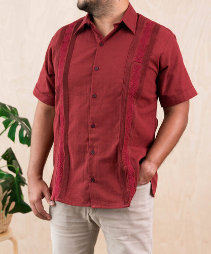 SIDREY Men's Mexican Guayabera Guayamisa Shirt - Burgundy: XXL