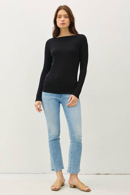 Boat Neck Long Sleeve Knit- Black