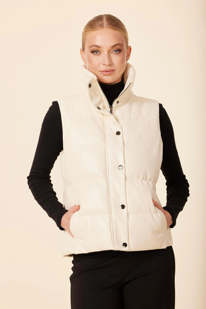 Vegan Leather Puffer Vest- Creme