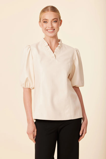 Vegan Leather Ruffle Neck Top- Bone