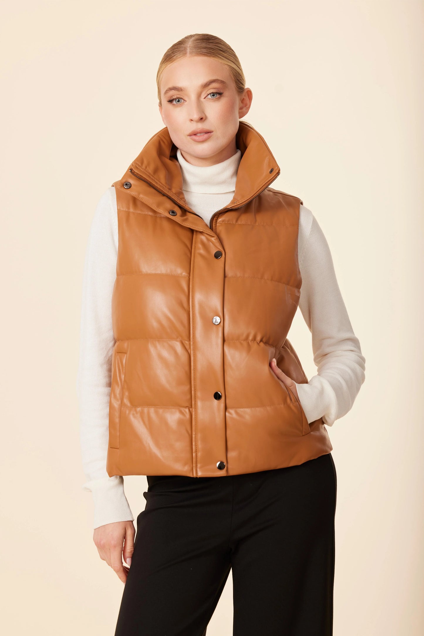Vegan Leather Puffer Vest- Burnt Orange