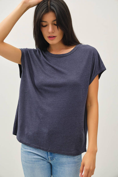 Boxy Linen Cap Sleeve Tee- Charcoal