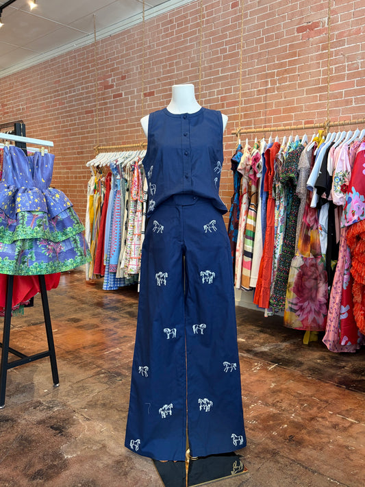 Cora Pant w/white embroidery in Indigo Blue