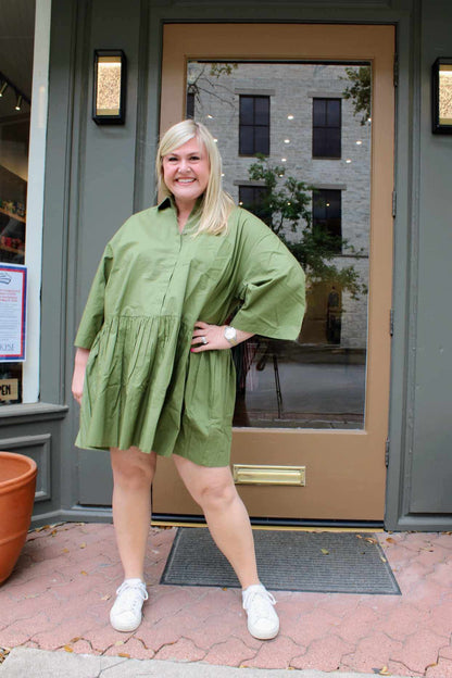 Green Point Shirt Dress- Evergreen