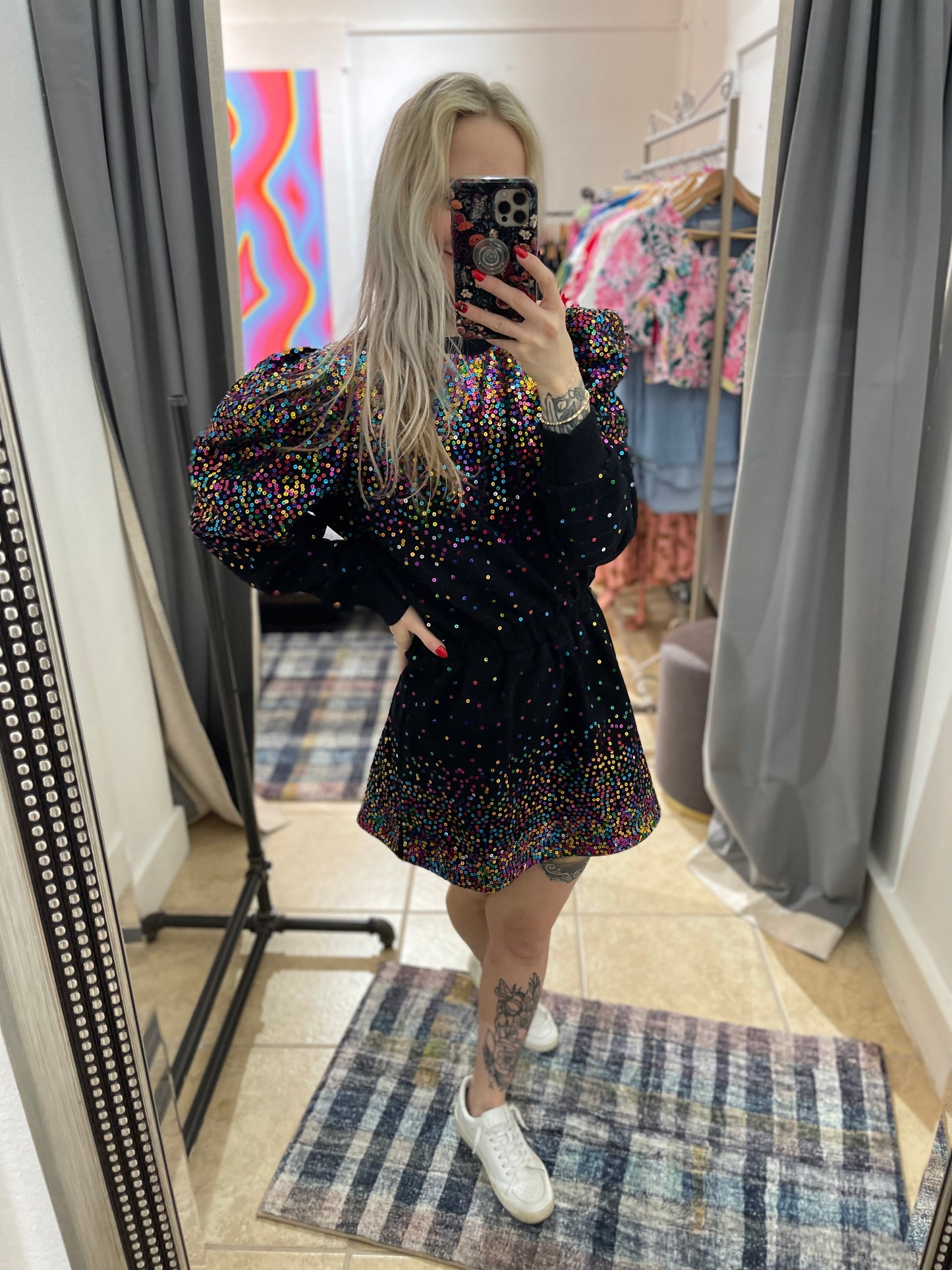 Black Multi Sequin Scatter Poof Sleeve Sweatshirt Dress