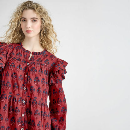 Womens Kalani Double Ruffle Dress- Red Autumn Strawflower