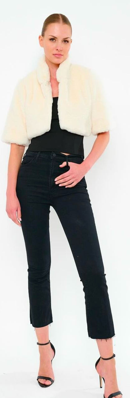 Faux Fur Half Sleeve Crop Jacket- Whisper Ivory