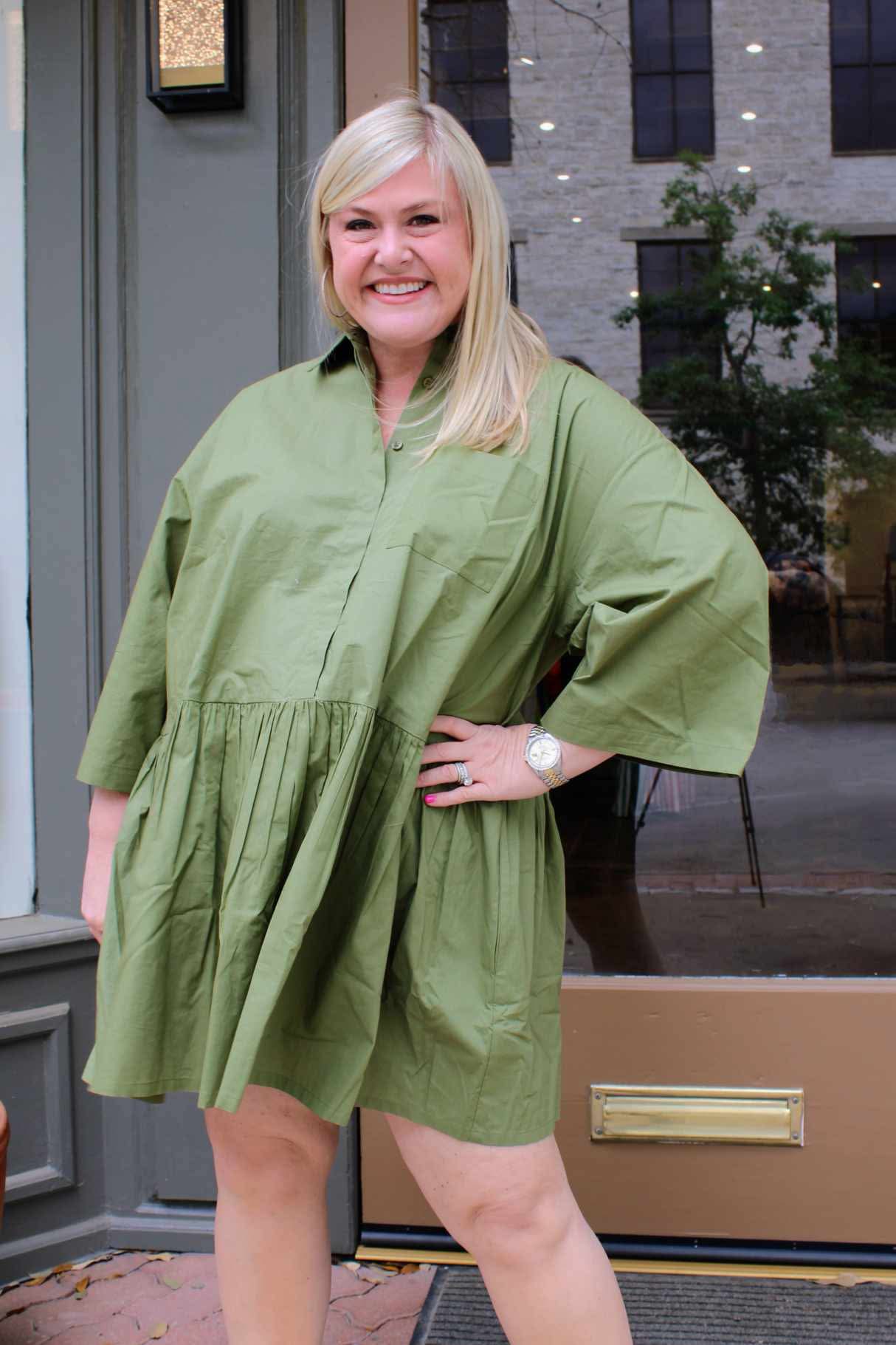 Green Point Shirt Dress- Evergreen