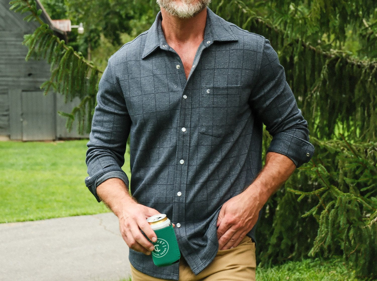 Chill-Knit Plaid Pearl Snap- Navy Jacquard