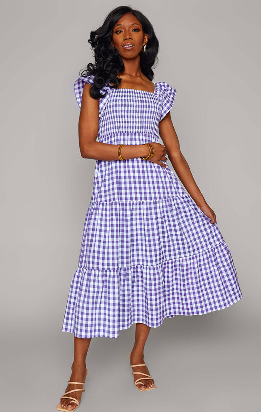 BRYNN RUFFLE SHOULDER MIDI DRESS - PURPLE CHECKER