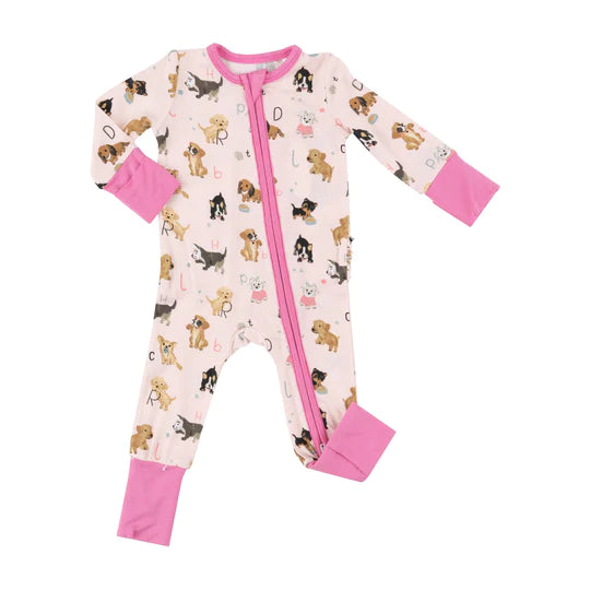 2 Way Zipper Romper- Pink Puppy Alphabet