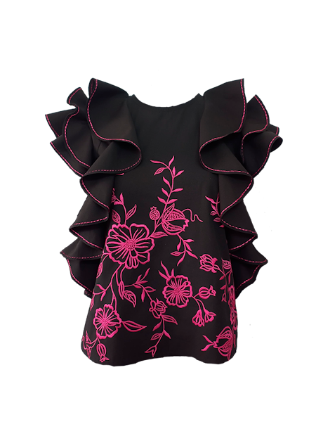 Maria Pomegranate Black Ruffle Top