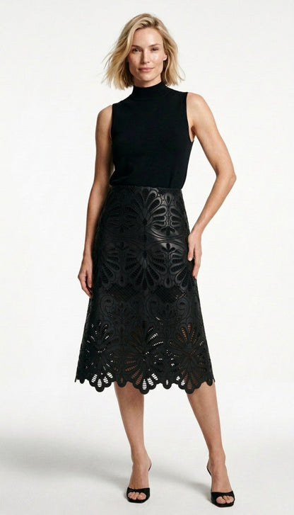 Lily Midi Skirt- Black Faux Leather