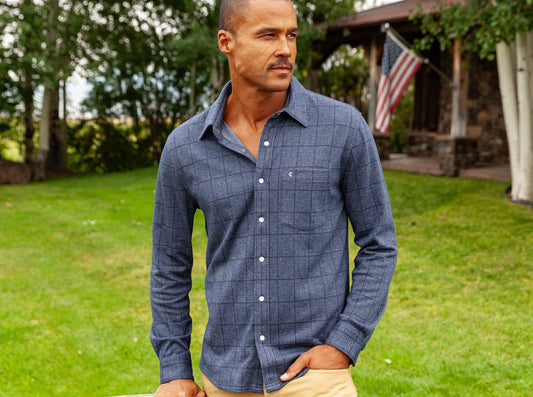 Chill-Knit Plaid Pearl Snap- Navy Jacquard