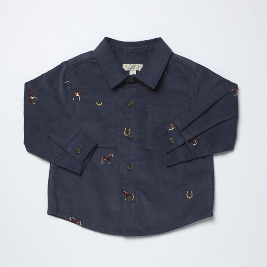 Boys Long Sleeve Jack Shirt - Navy Horse Embroidery