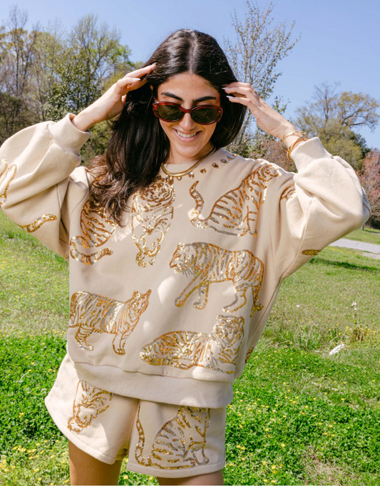 QOS All Over Tiger Sweater- Beige & Gold