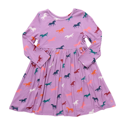 Girls Bamboo Steph Dress- Lavender Multi Horses