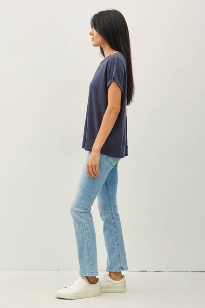 Boxy Linen Cap Sleeve Tee- Charcoal