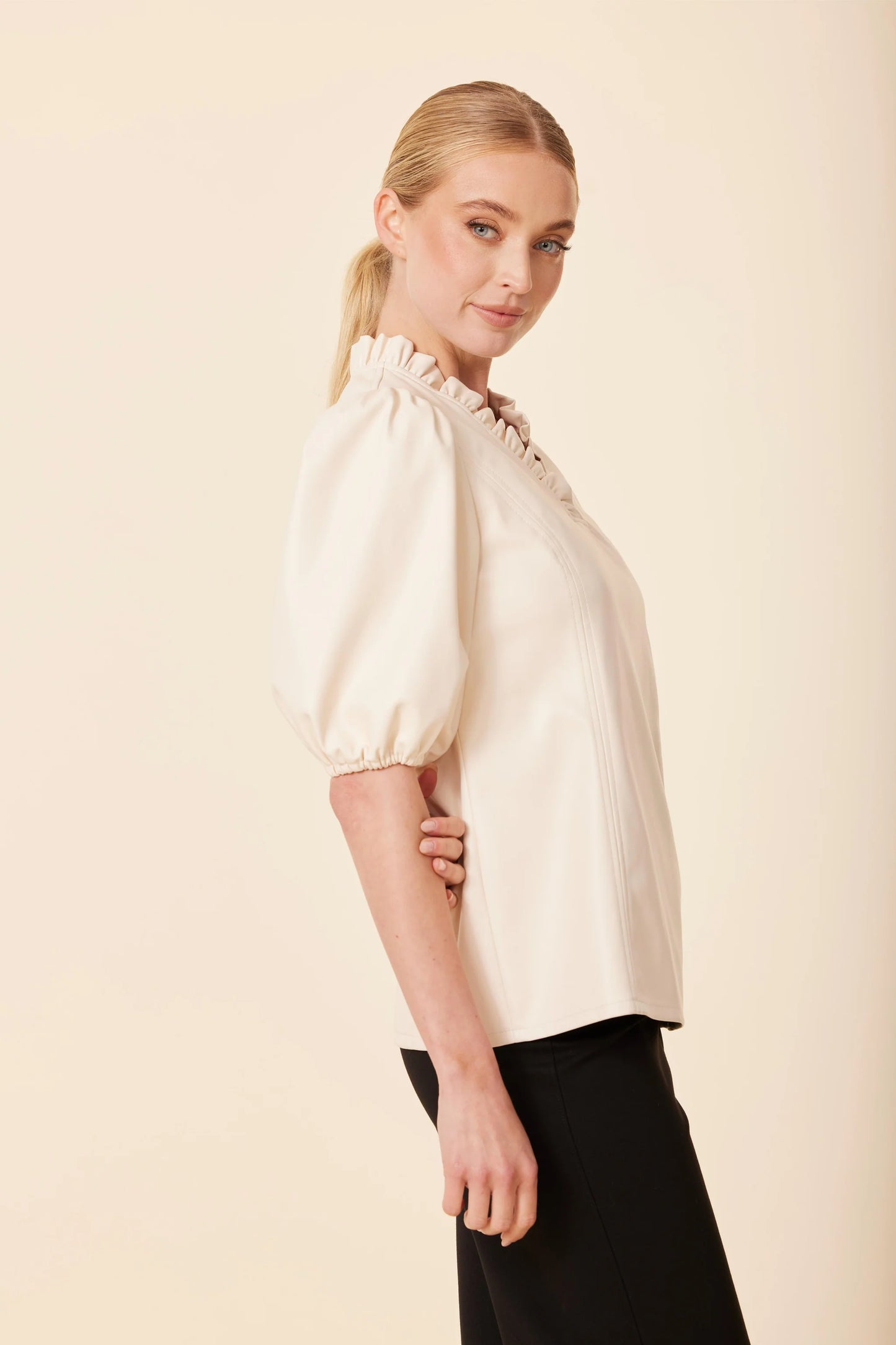 Vegan Leather Ruffle Neck Top- Bone