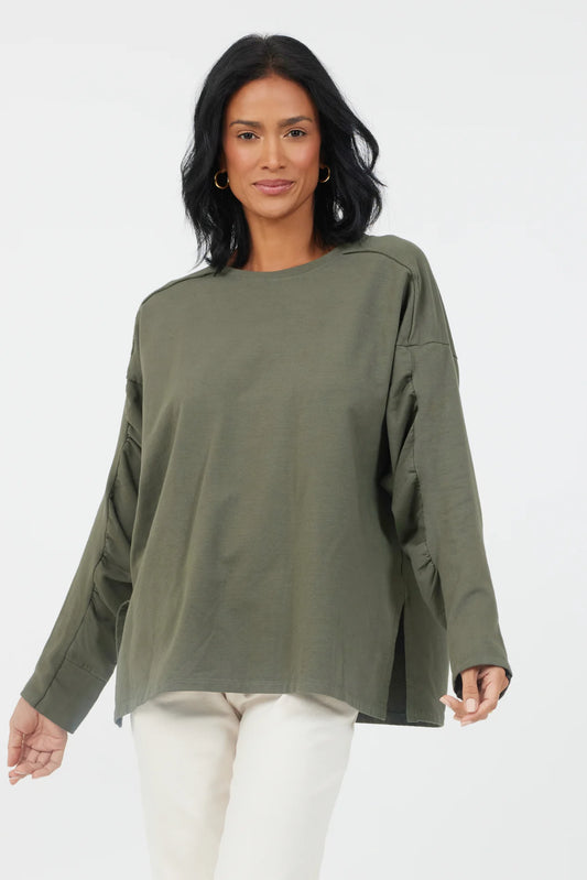 Jamelia Ruched Sleeve Sweatshirt- Olive