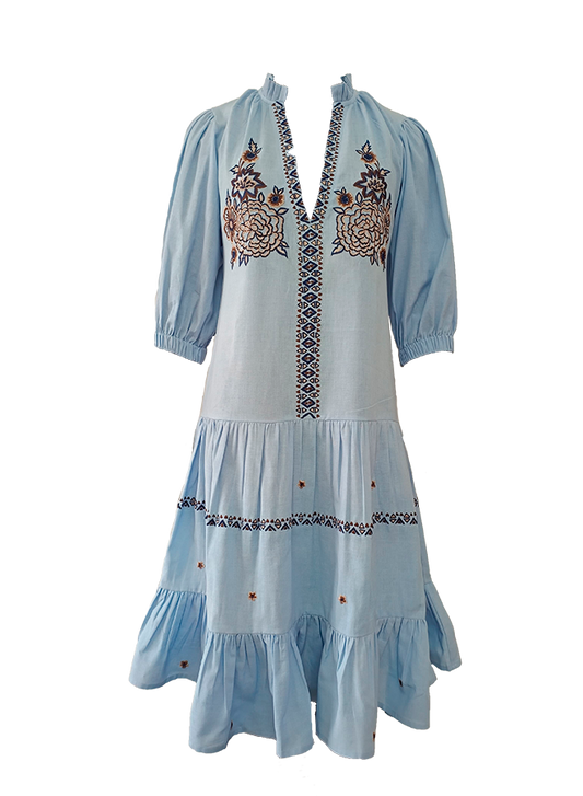 Elenora Powdered Blue Gathered Dress