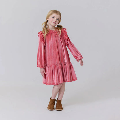 Girls Velour Harper Dress- Desert Rose