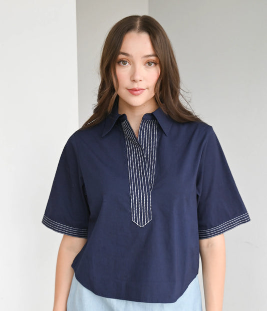 Navy Split-Neck Top