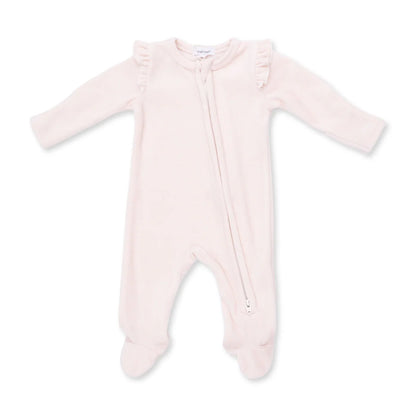 Velour Soft Pink 2-Way Ruffle Sleeve Zipper Footie