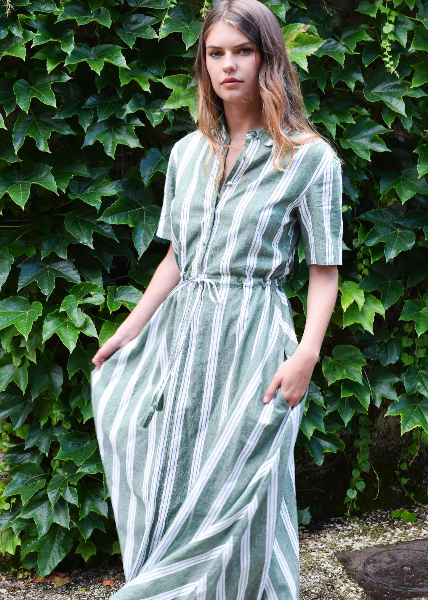Kelli Short Sleeve Maxi Dress- Green Stripe