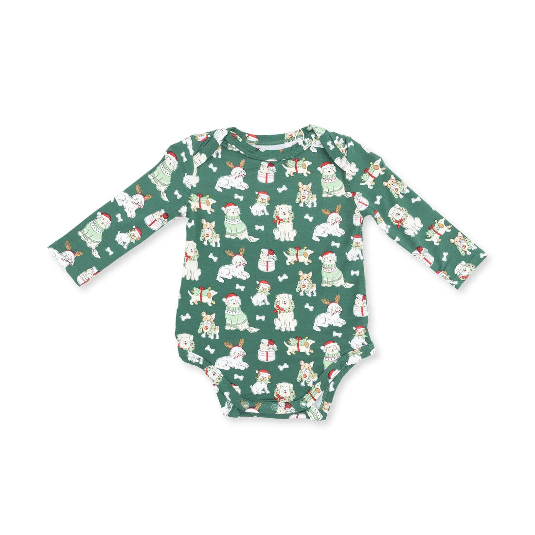 Long Sleeve Onesie- Green Xmas Dogs