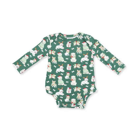 Long Sleeve Onesie- Green Xmas Dogs