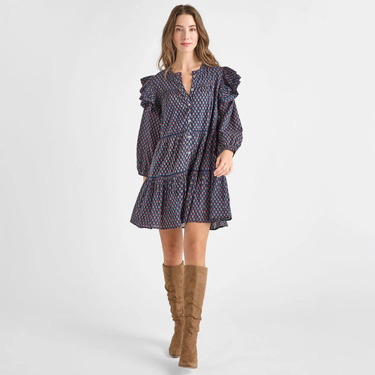 Womens Kalani Double Ruffle Dress- Navy Carnation