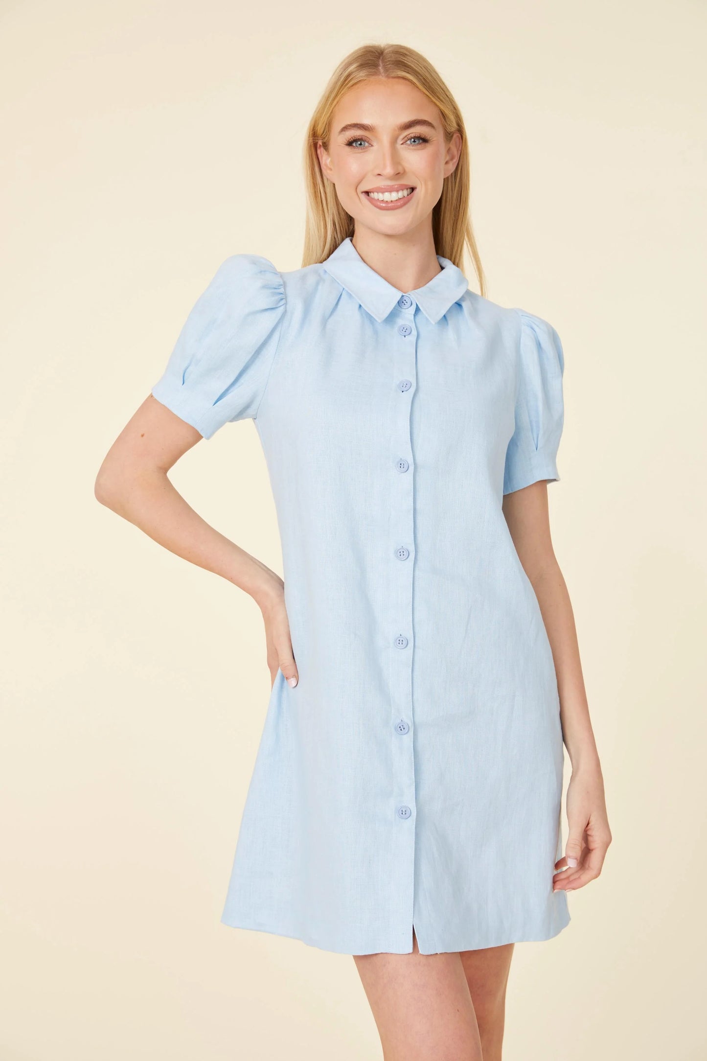 Linen Button Down Dress- Light Blue