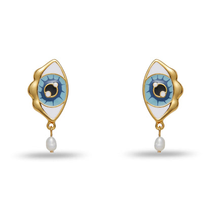 Stone Blue Evil Eye Pearl Drop Earrings