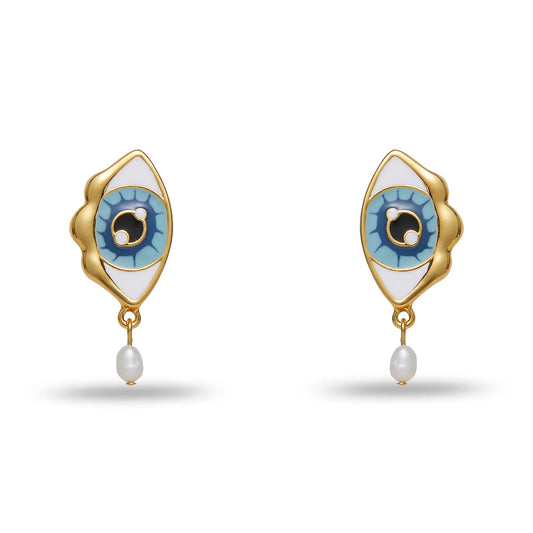 Stone Blue Evil Eye Pearl Drop Earrings