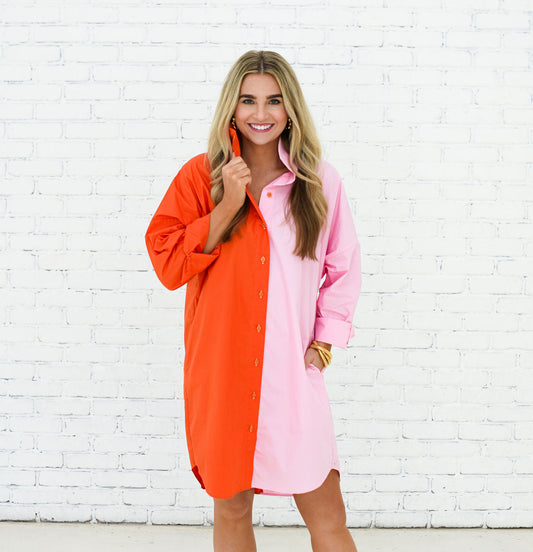 Carter Contrast Dress- Orange + Pale Pink