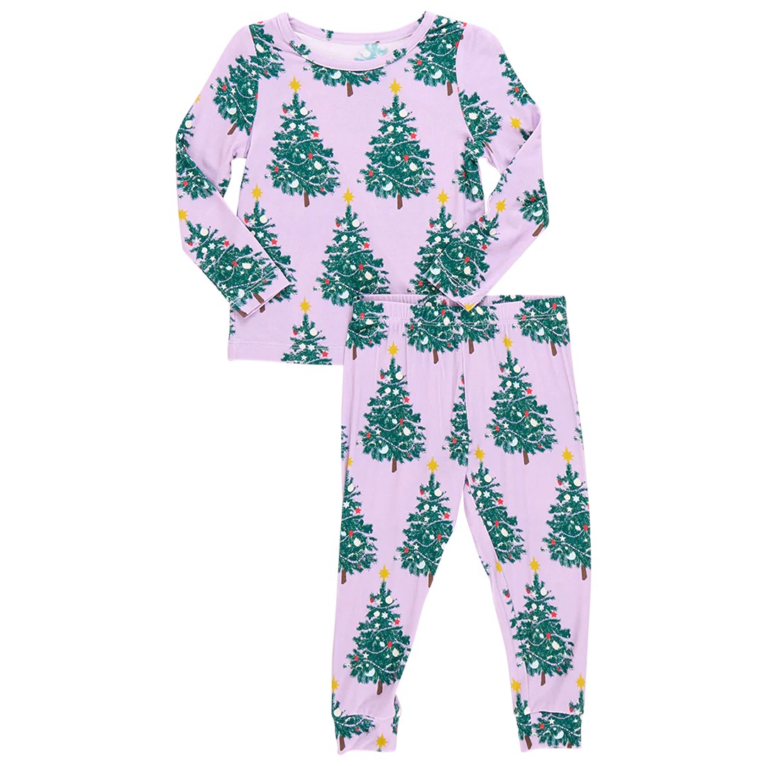 Kids Bamboo PJ Set- Purple Flocked Tree