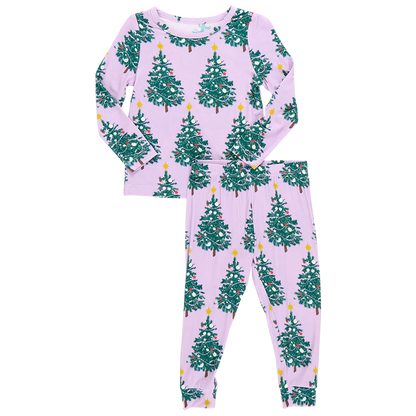 Kids Bamboo PJ Set- Purple Flocked Tree