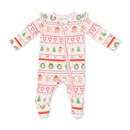 Gingerbread Isle Pink 2-Way Ruffle Sleeve Zipper Footie