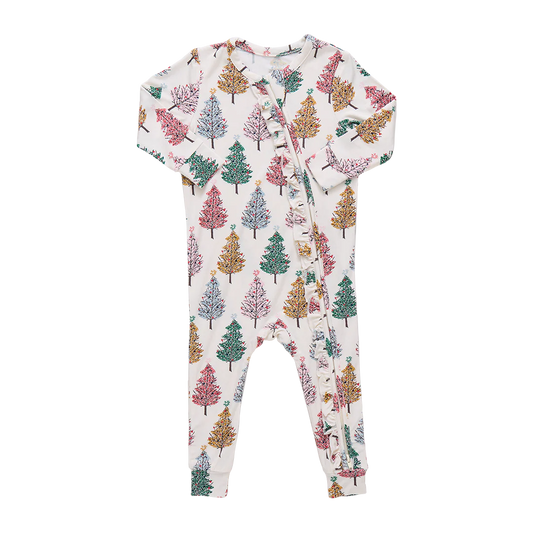 Baby Ruffle Bamboo Romper- Multi X-Mas Trees