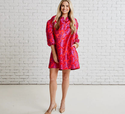 Asher Jacquard Dress- Red + Pink