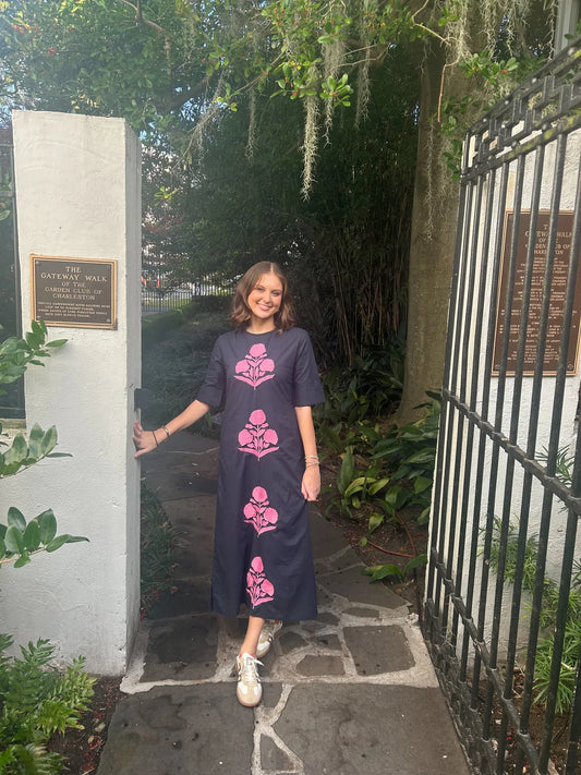 Anne Maxi Dress- Navy + Pink